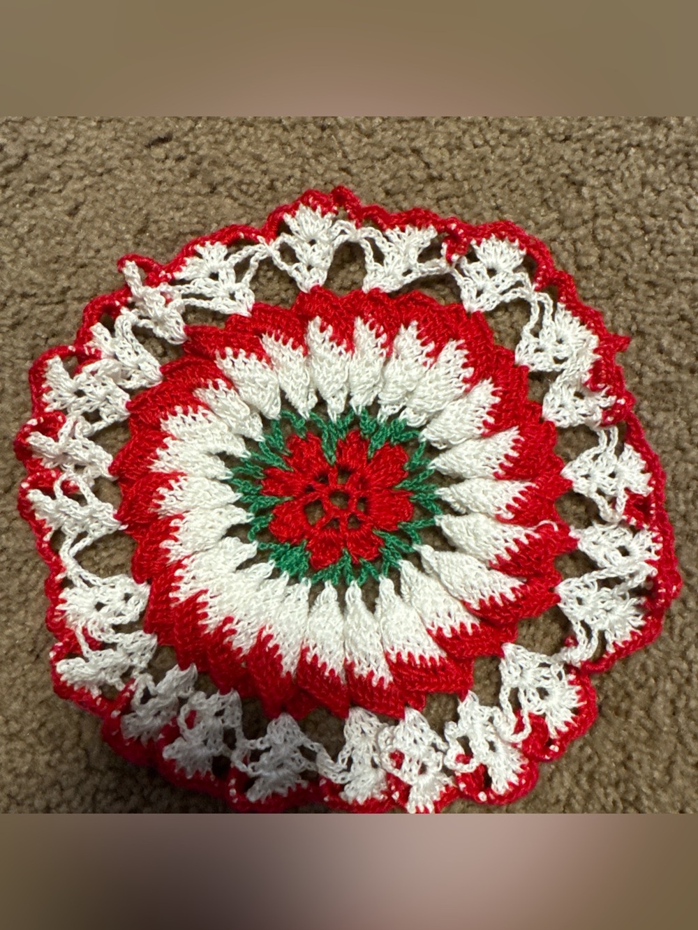 Handmade Holiday Crochet Doily - Red, White & Green
